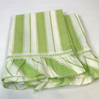 Vintage Martex Twin Flat Sheet Striped Ruffle Lace Ribbon Trim Lime Green White