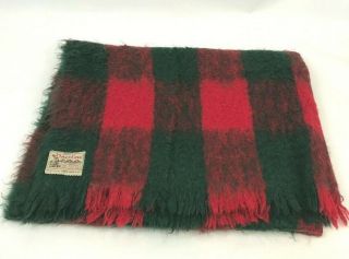 Vintage Mohair Throw Lap Blanket Plaid Red Green Fringe Cree Mills Glen Scotland