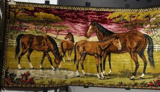 Vintage Italian Velvet Tapestry Horses Grazing Stream Wall Hanging Rug