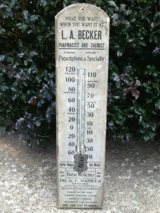 Eary Advertising Wooden Thermometer Sign La Becker Pharm & Chem Old Paint Large