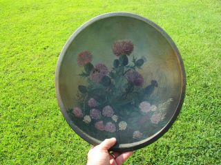 Large Antique Primitive Folk Art Hand - Painted Wood Bowl With Florals & Bumblebee