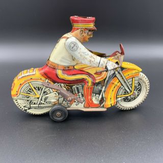 Vintage Marx Toys Tin Wind Up Motorcycle Pursuit Police Racer W/ Siren