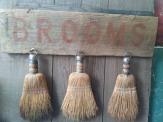 Primitive Antique Hand Made Broom Holder Wall Mount W/ 3 Prim Whisk Brooms