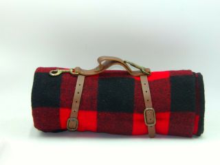 Vintage Marlboro Country 68x56 Wool Blanket Leather Strap Red & Black Plaid