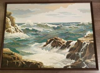 Vtg Jumbo Size Crashing Waves Rocks Ocean Scene Paint By Number On Canvas 28x37
