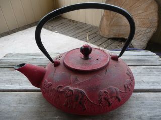 Teavana Cast Iron Tea Pot With Handle & Lid,  Red With Elephants