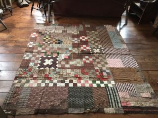Early Antique Double Sided Big Brown Calico Log Cabin & Patchwork Quilt Aafa