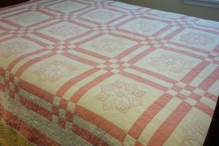 Vintage Pink & White Hand Stitched Patchwork Embroidered Quilt 93 " X 81 "