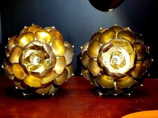 2 Japanese Vintage Lotus Flower Candle Holders Bronze Brass 9 "