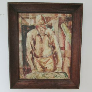 Vintage Oil On Board Painting By Arnold Weber Depicting Coal Miner Dated 1957