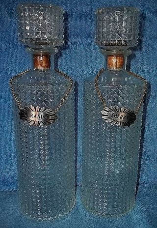 2 Vintage Mtc Thatcher Diamond Pattern Glass Bottle Decanters W/ Stoppers & Tags