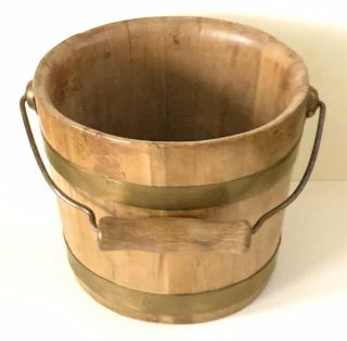 Antique Primitive Wooden Wood Oak Brass Band Wire Bale Handle Small Bucket Pail