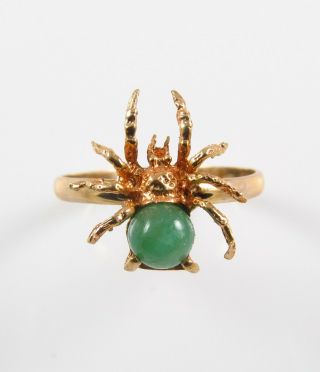 Vintage 14k Gold Green Jade Jadite Spider Insect Conversion Ring Size 6.  75