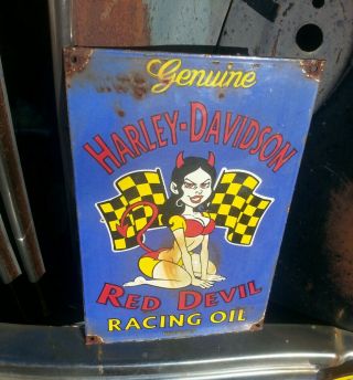 1953 Harley Davidson Porcelain Sign Gas Pump Red Devil Racing Oil Motorcycle