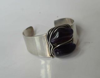 Vintage Modernist Rebajes Sterling Silver Amethyst Cuff Bracelet