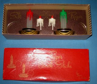 Vintage Plastic Christmas Candle Sticks Salt Pepper Shakers With Org.  Box