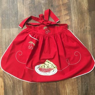 Vintage Red Cherry Pie Half Apron With Pockets And Adorable Yoke Detailing Retro
