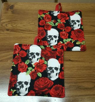 Potholders Set Of Two Roses And Skulls