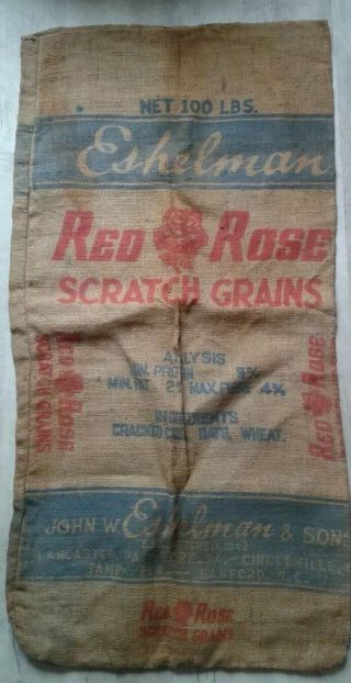 Vintage Primitive Burlap 100lb Scratch Grain Lancaster Pa Eshelman Feed Sack Bag