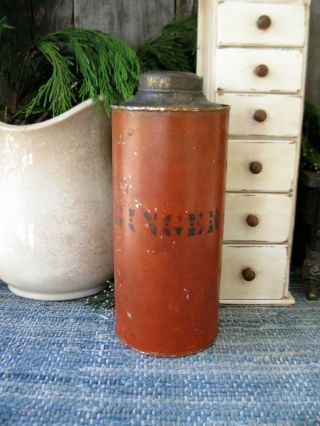 Lg Early Antique Ginger Spice Tin Red Paint And Stencils