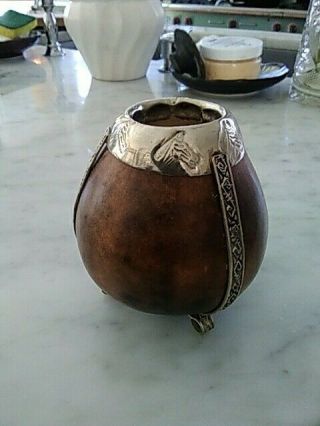 Argentina Antique Silver Plated Horses And Tribal Design Yerba Mate Gourd Cup