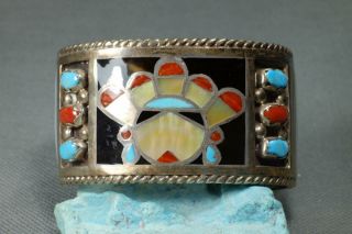 Vintage Zuni Heavy Sterling Silver W/inlay Turquoise,  Coral,  Cab Bracelet