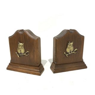 Vintage Wood Owl Bookends Mcm Mid Century Brown Gold Metal Wooden