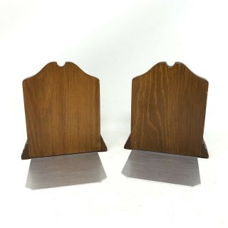 Vintage Wood Owl Bookends MCM Mid Century Brown Gold Metal Wooden 2