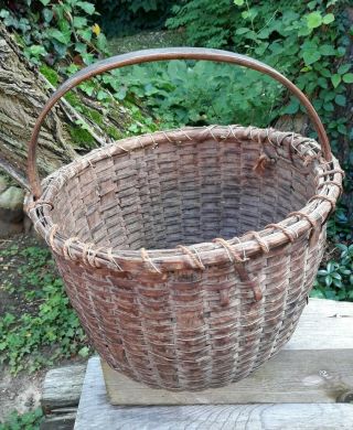 Antique Splint Basket Work Gathering Carved Notched Handles 15.  5 "