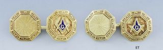Handsome Pair 14k Gold & Blue Enamel Masonic Freemason Cufflinks