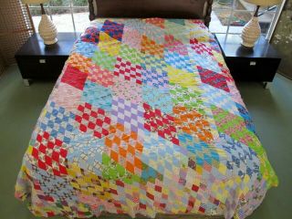 Vintage All Cotton Maybe Some Feed Sack Hand Pieced Diamond Quilt Top; 93 " X 71 "