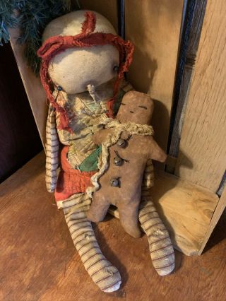 Primitive Snowman Christmas Doll Old Quilt Raggedy Worn Torn Ginger Bread