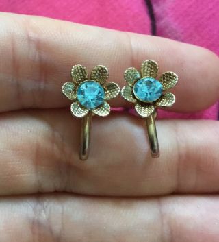Vintage Antique Gold Blue Stone Crystal Flower Screw Back Earrings Estate Find