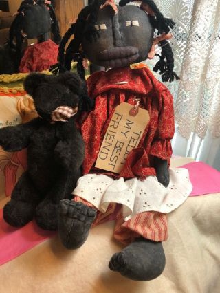 Primitive Grungy Mammy Doll Ooak 21 " Tall With 10 " Teddy Bear Awesome