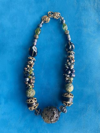Stephen Dweck Signed Bronze Asian Motif Carved Stone Bead Graduated Necklace