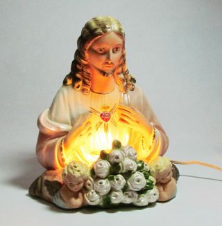 Sacred Heart Of Jesus Vintage 1957 Chalkware Sculpture Bust Lamp Night Light
