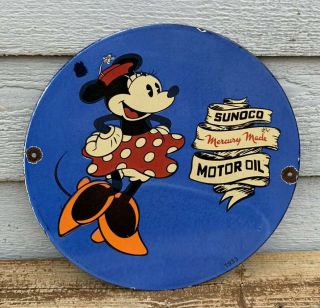 Old 1933 Sunoco Motor Oil Porcelain Sign,  Minnie Mouse,  Gas,  Pump Plate