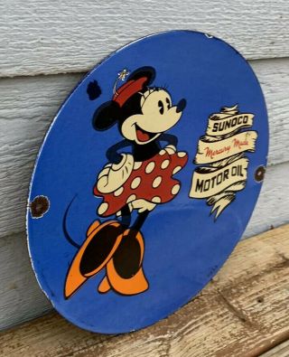 OLD 1933 SUNOCO MOTOR OIL PORCELAIN SIGN,  MINNIE MOUSE,  GAS,  PUMP PLATE 2
