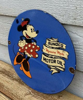 OLD 1933 SUNOCO MOTOR OIL PORCELAIN SIGN,  MINNIE MOUSE,  GAS,  PUMP PLATE 3