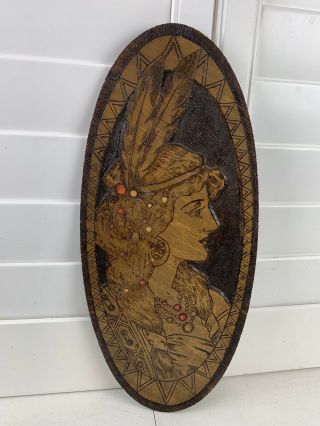 Vintage Native American Pyrography Flemish Art Co Plaque Plain Tribe Indian