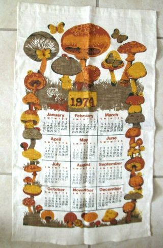 1974 Calendar Wall Hanging Linen Mushrooms Butterfly Green Gold Orange Vintage