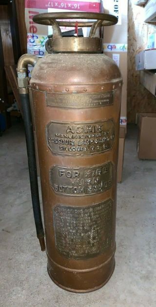 Antique Vintage Copper & Brass Acme Fire Extinguisher St Louis 2.  5 Gallon Empty