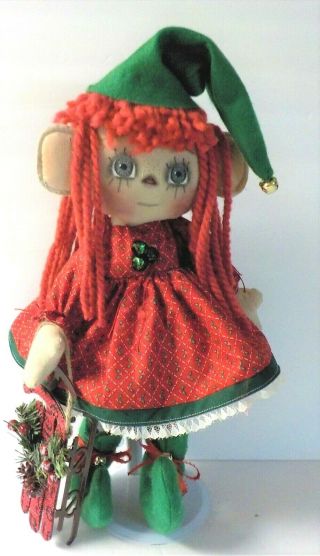 Hm Primitive Raggedy Ann Christmas Girl Elf Doll " Bella " W Sled Ornie 16 Inch