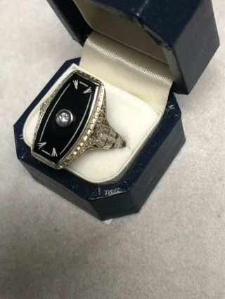 Vintage Art Deco 18 Karat White Gold Onyx and Diamond Filigree Ring 3
