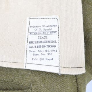 US Army Wool Serge Trousers Pants WWII WW2 Dated 1943 Marx & Haas 32 x 31 3
