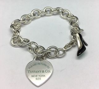 Tiffany & Co Sterling Silver Enamel Heart High Heel Charm Bracelet 7.  5 