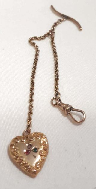 Antique 14k Gold Watch Chain & Fob Heart Ruby Emerald Diamond