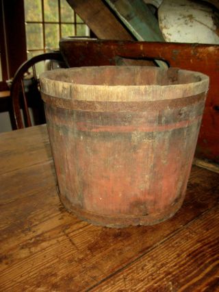 Awesome Antique Primitive Wooden Bucket Old Dry Red,  Blue Old Paint Aafa Nr