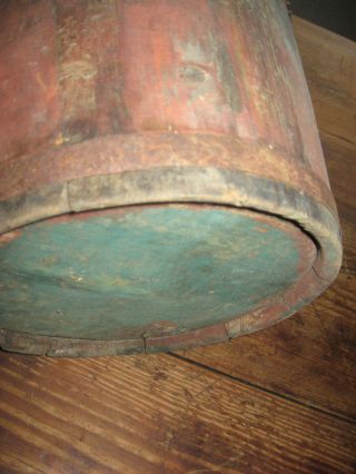 AWESOME ANTIQUE PRIMITIVE WOODEN BUCKET OLD DRY RED,  BLUE OLD PAINT AAFA NR 2