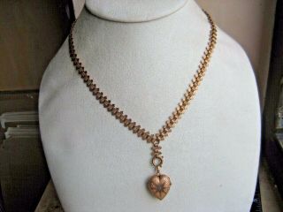 Antique Victorian Rose Gold Bookchain Necklace W Puffy Heart Photo Locket Charm